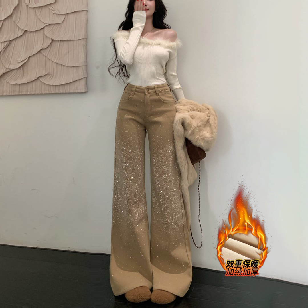 李李服饰星河璀璨不贴腿烫钻微喇裤女2026冬季加绒高腰弹力牛仔裤,女装/女士精品,牛仔裤,淘宝优惠券,粉丝福利购,淘宝优惠卷