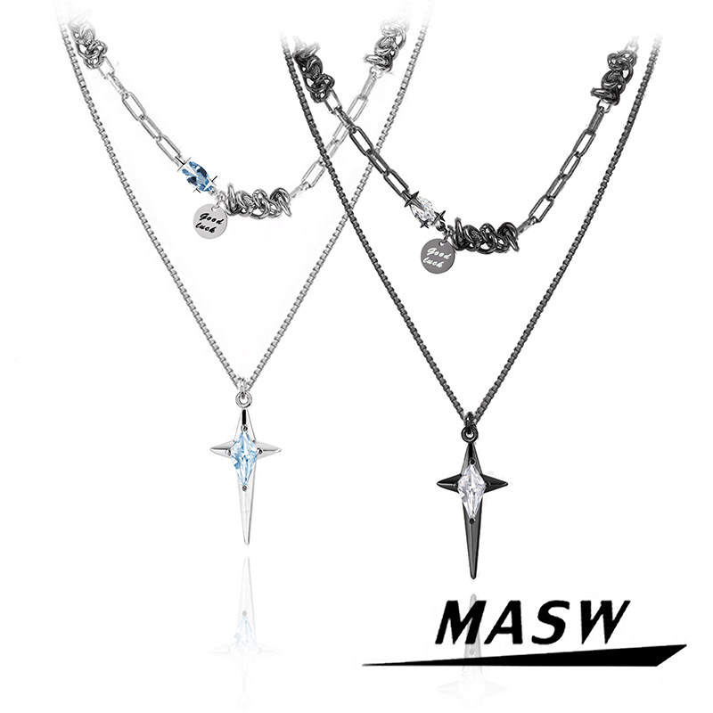 MASW麻秀原创甜酷十字芒星中性弹簧卫衣百搭双层叠戴锁骨项链潮