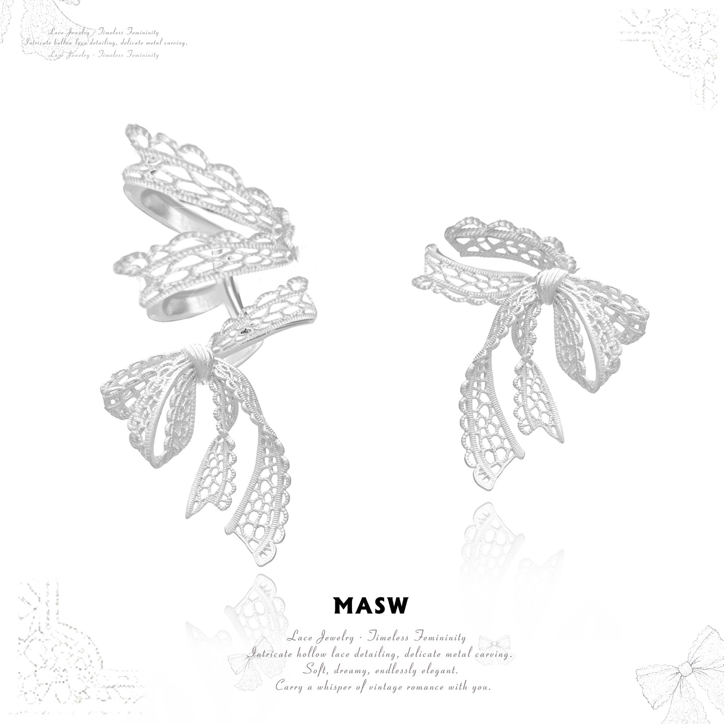 MASW麻秀原创打沙浪漫仙芭蕾丝带蝴蝶结甜美高级感无耳洞耳骨耳夹