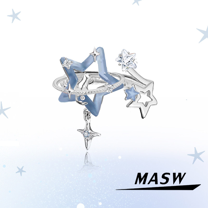 MASW麻秀原创设计喵系列轻奢蓝色五角星食指戒小众猫咪闺蜜戒指女