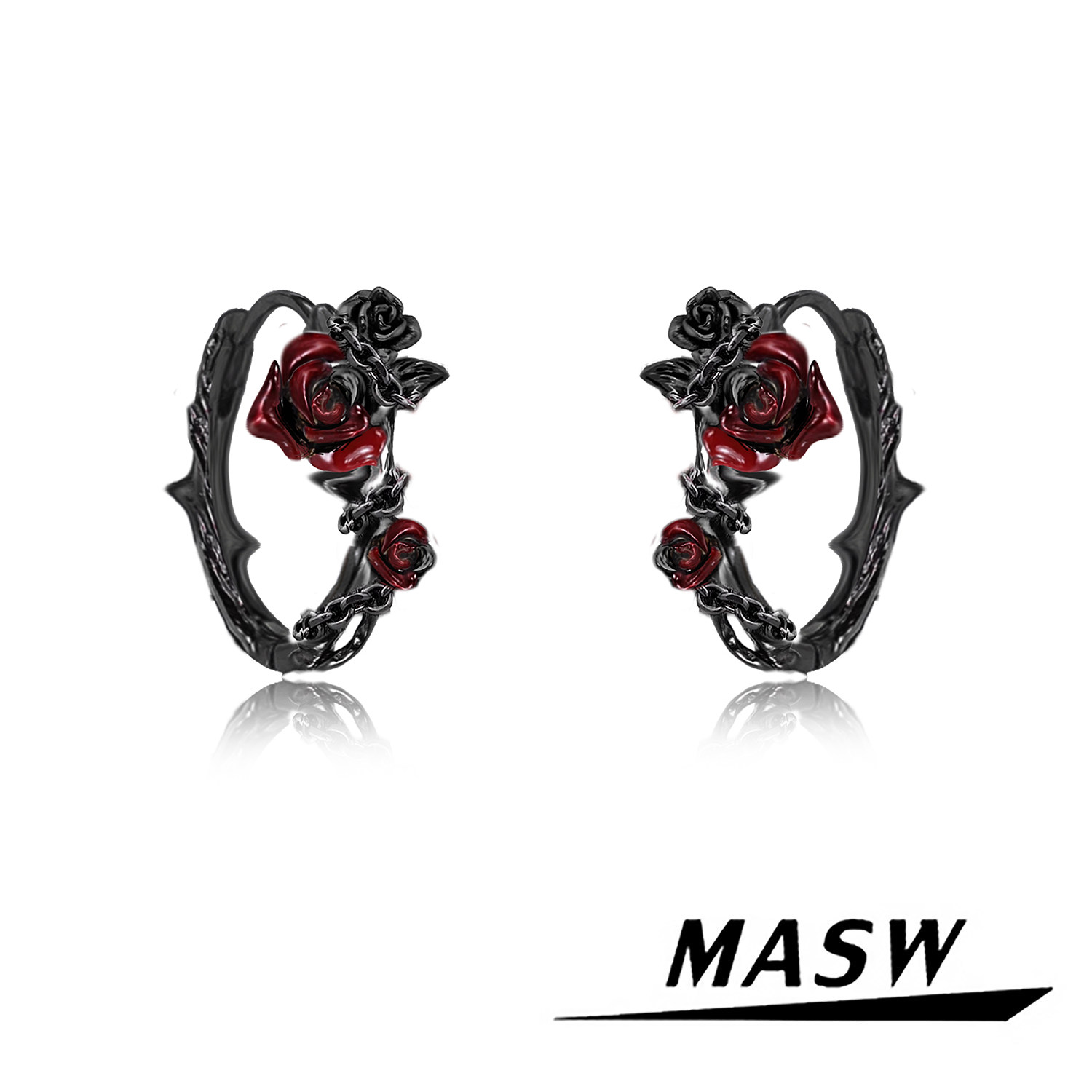 MASW麻秀原创设计荆棘系列甜酷辣妹红色玫瑰花耳饰小众创意耳扣新