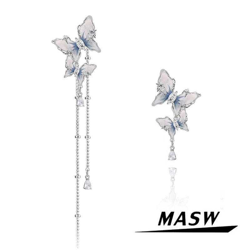 MASW麻秀原创设计蝶舞系列灵动渐变蓝色蝴蝶耳环清新春夏流苏耳饰