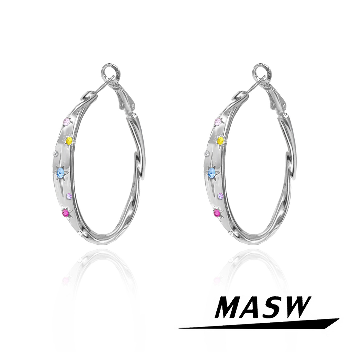 MASW麻秀原创设计甜酷缤纷彩色锆石大耳圈时尚夸张不规则芒星耳环