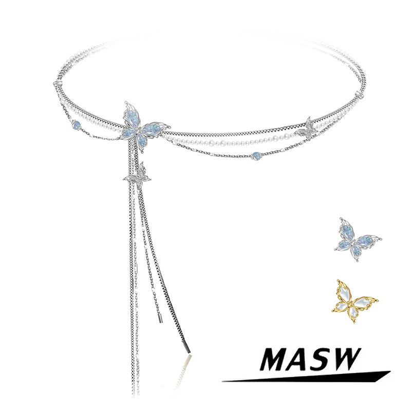 MASW麻秀原创设计蝶舞choker蓝色蝴蝶项链轻奢女双层流苏锁骨颈链