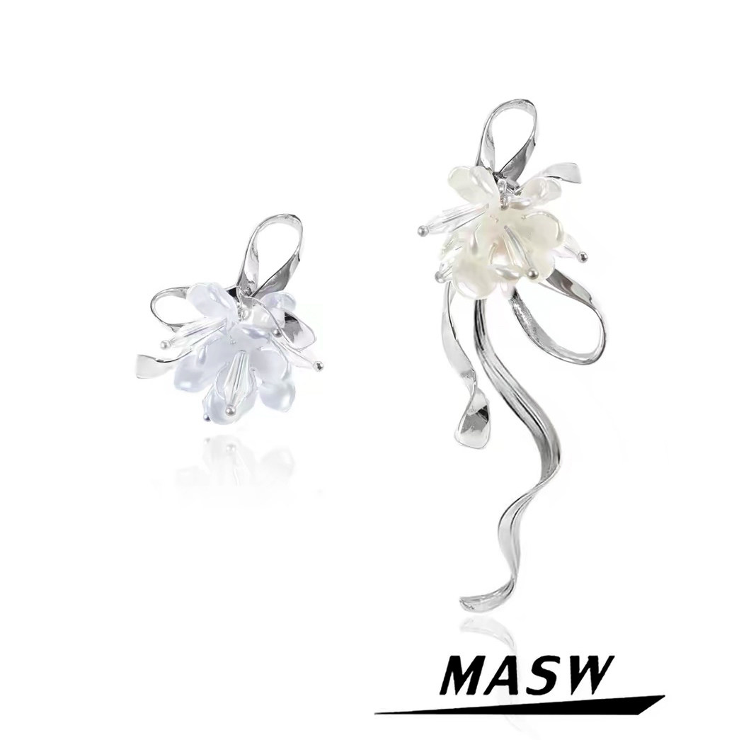 MASW麻秀设计感清新温柔玉兰花耳环小众不对称森系飘带蝴蝶结耳钉