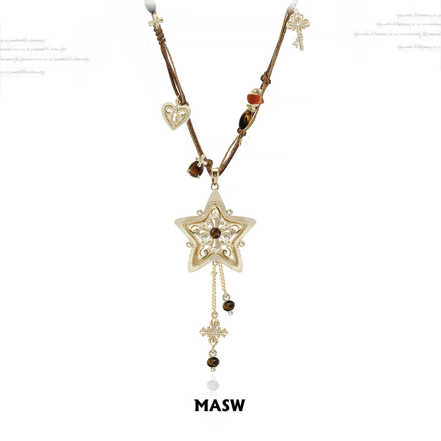 MASW麻秀原创浮雕爱锁芯星星项链复古手工编绳鸢尾花颈链毛衣链新
