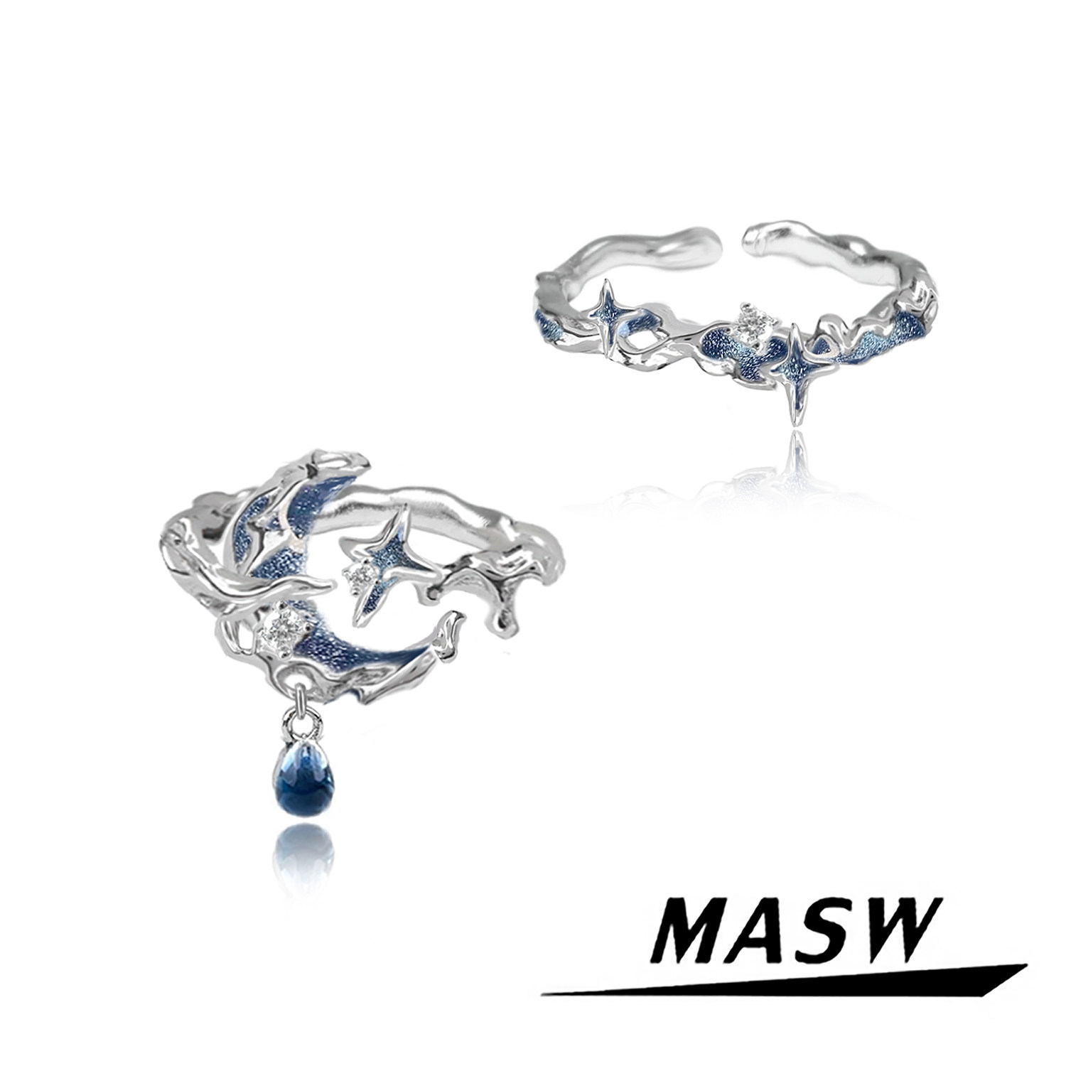 MASW麻秀原创设计星空系列冷淡风蓝色月亮食指戒小众高级感戒指潮
