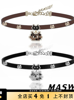 MASW麻秀原创设计甜酷皮革像素卡通小猫项链小众轻奢choker锁骨链