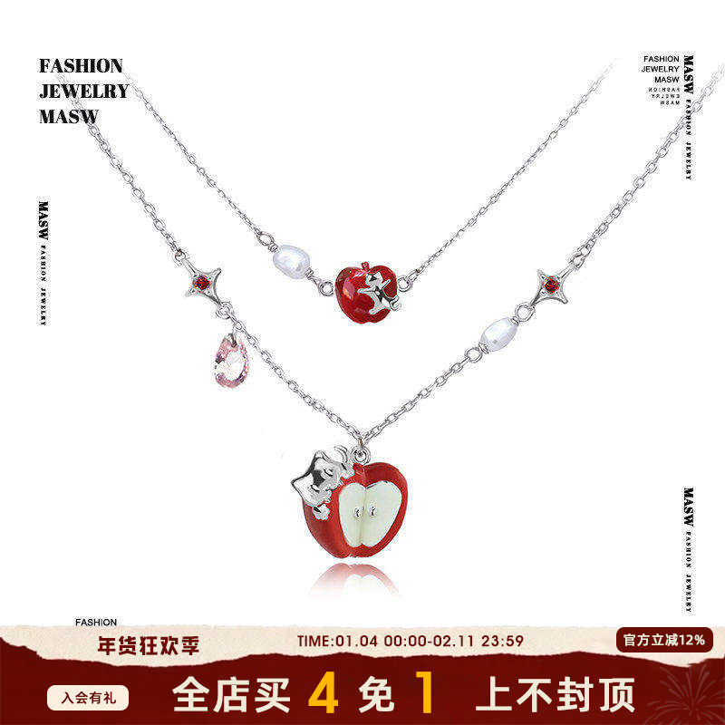 MASW麻秀原创设计童话启示录切片苹果珍珠项链可爱猫猫双层锁骨链,饰品/流行首饰/时尚饰品新,项链,淘宝优惠券,粉丝福利购,淘宝优惠卷