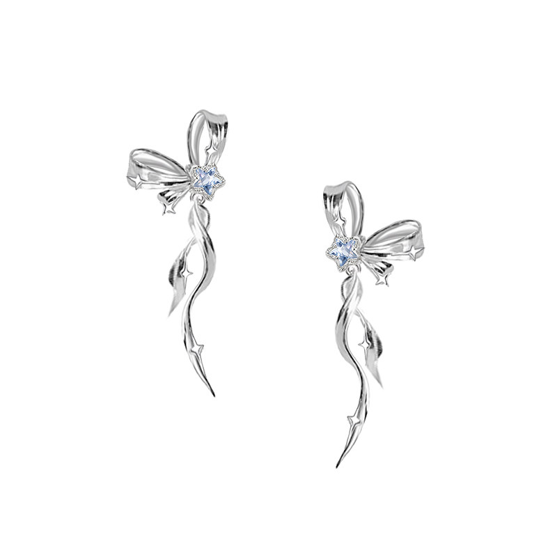 thumbnail for MASW Ma Xiu original 925 silver needle romantic blue five-pointed star zircon earrings niche super fairy bow earrings