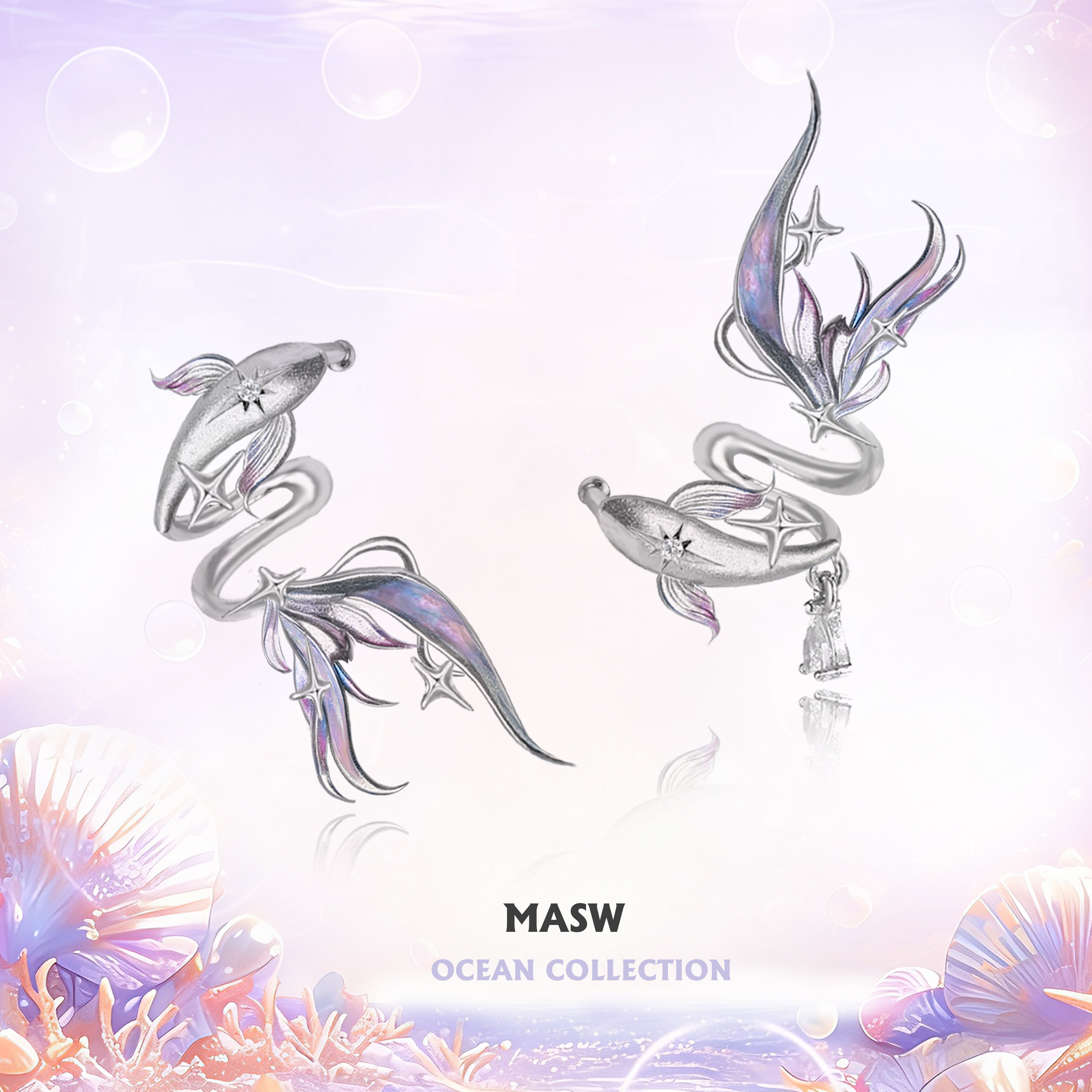 MASW麻秀原创深海传说系列渐变珐琅鱼尾耳夹超仙小众高级感耳骨夹