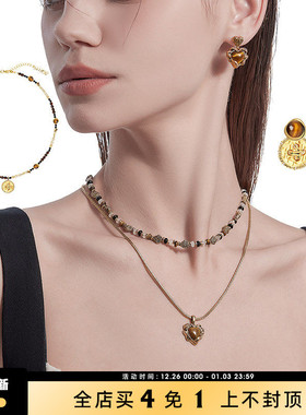 MASW麻秀原创设计串珠虎眼石纽扣爱心项链/耳环