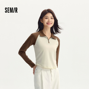 [商场同款]森马POLO衫女短款拼色插肩袖2025新款秋季修身上衣显瘦