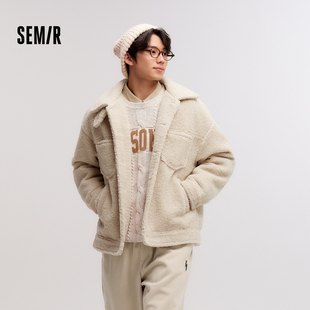 森马夹克男毛绒外套2024新款情侣纯色百搭宽松仿羊羔绒冬装中性风