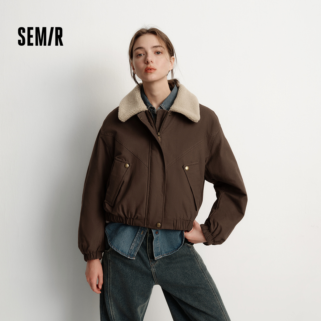 森马oversize翻领磨毛夹棉外套女