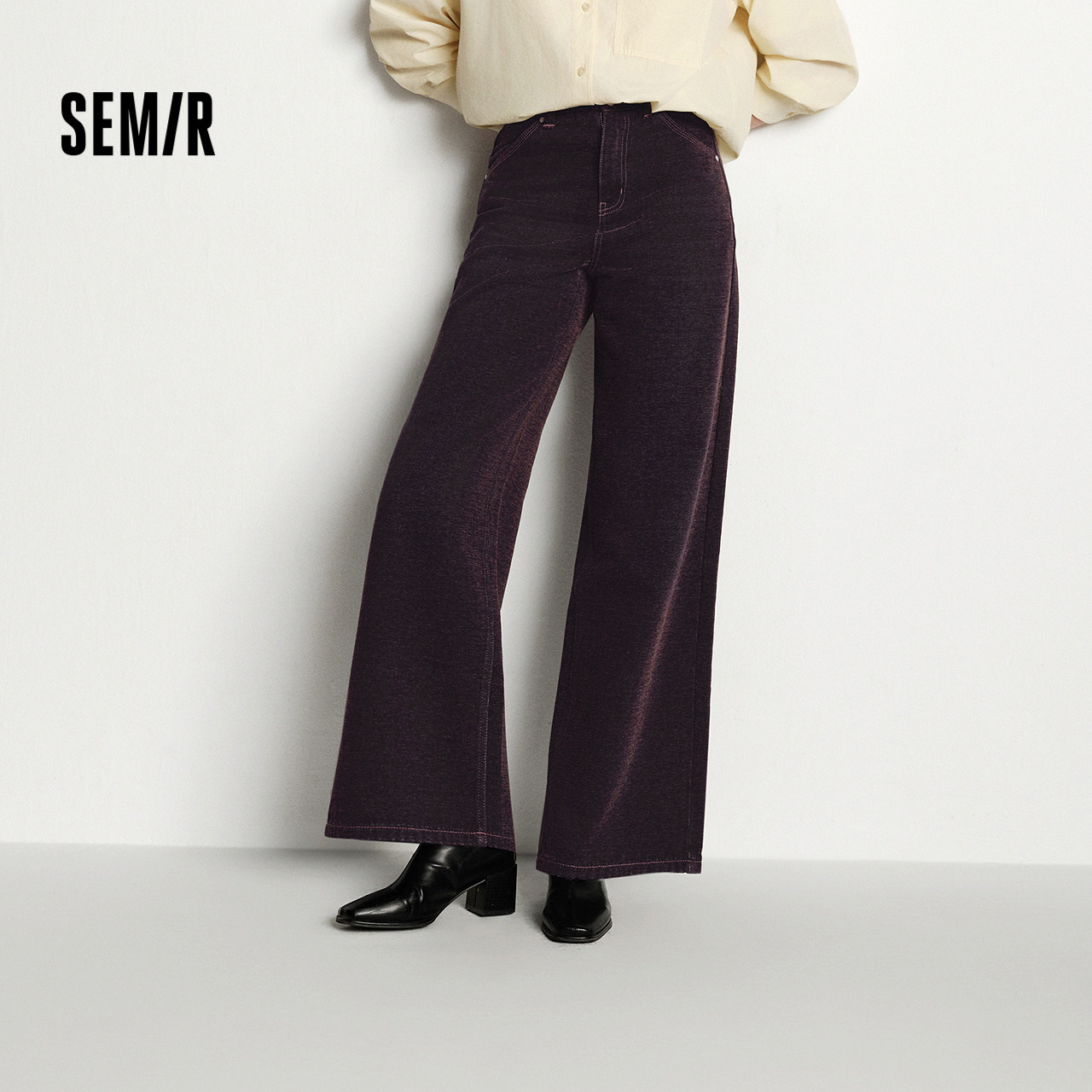 森马美拉德植绒抓毛阔腿牛仔裤女