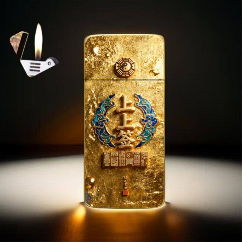 新聚财双面彩印图案经典砂轮创意唐卡图案超薄打火机高端金色收藏
