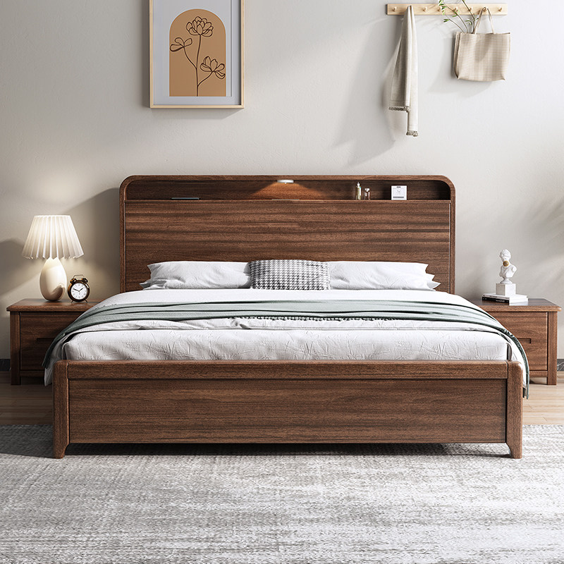 胡桃木床2米x2米2主卧大床1米8双人新中式覆古全实木硬板床带储物