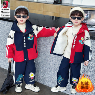 男童冬装奥特曼加绒连帽套装2025新款儿童帅气棉袄棉衣保暖童装潮