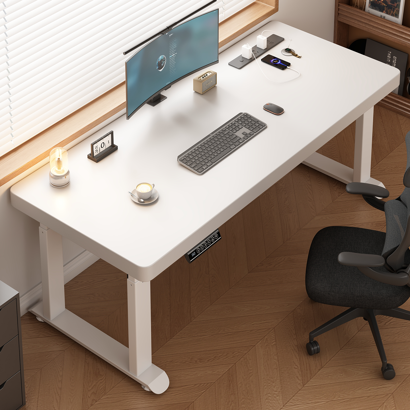 实木电动可升降四腿立柱电脑书桌电竞桌子高中生学习桌办公工作台