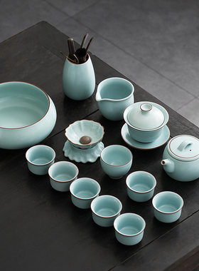 天青汝窑功夫茶具套装陶瓷冰裂泡茶壶开片家用客厅轻奢礼品整套
