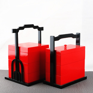 新品 红色手提木盒三层寿司盒正方长方红色木盒刺身盒餐盒木质制造