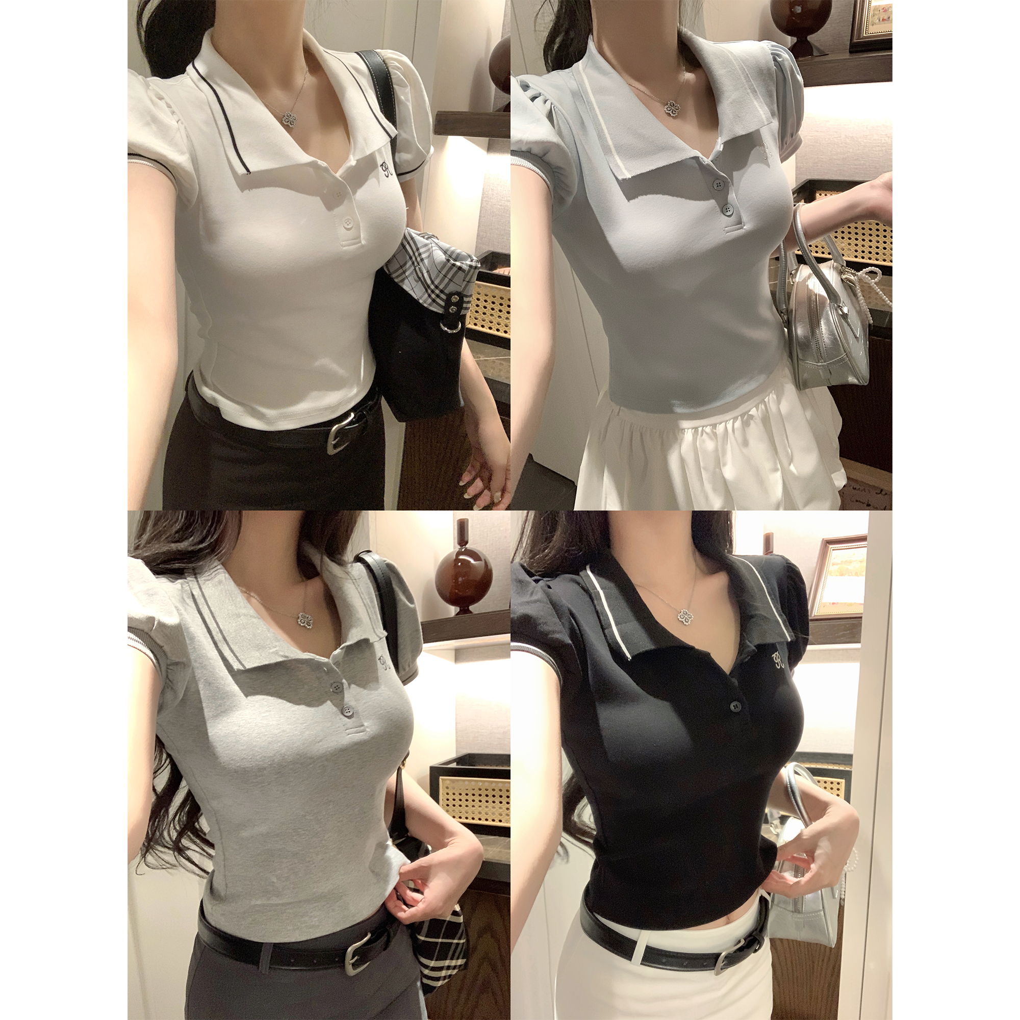 NAYA CHAN夏季新款设计感正肩短袖polo衫女t恤短款修身掐腰上衣潮
