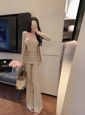 NAYA CHAN 韩系休闲春秋装穿搭一整套针织开衫吊带长裤三件套女