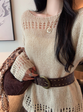 NAYA CHAN 马海毛粗线镂空秋冬新款斜肩宽松针织毛衣女卡其色上衣