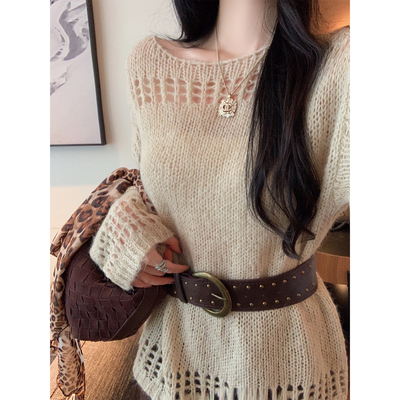 NAYA CHAN 马海毛粗线镂空秋冬新款斜肩宽松针织毛衣女卡其色上衣