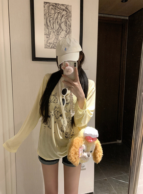 NAYA CHAN 小狗印花黄色防晒罩衫女夏季薄款微透宽松白色长袖T恤