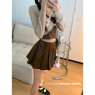 高腰绑带百褶裙女气质设计感a字半身短裙子 燕麦可可 NAYA CHAN