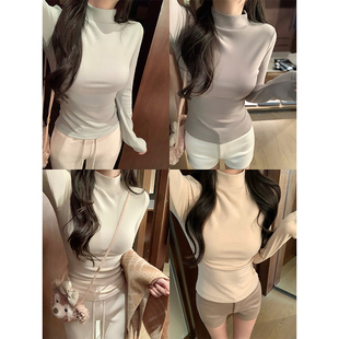 NAYA CHAN 亲肤绒磨毛纯色半高领长袖打底针织衫女冬修身内搭上衣