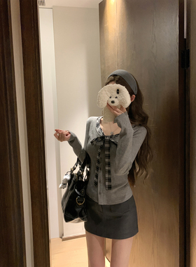 NAYA CHAN 灰色格纹拼接复古系带针织衫秋季新款假两件女上衣