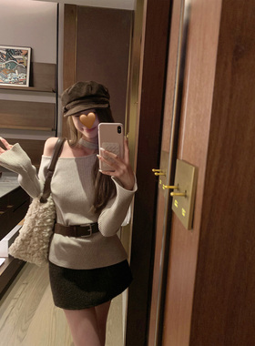 NAYA CHAN 纯欲温柔风秋冬新款一字肩/斜肩飘带细坑条加厚针织衫