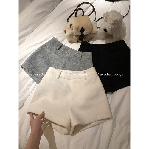 NAYA CHAN 冬日百搭王 毛呢拉绒加厚短裤女秋冬外穿休闲简约裤子