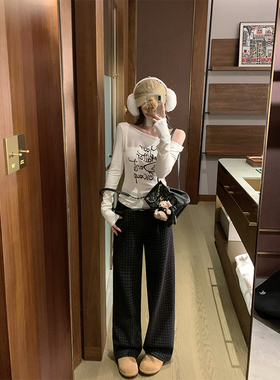 NAYA CHAN 加绒40羊毛格纹高腰直筒休闲长裤女宽松显瘦百搭阔腿裤