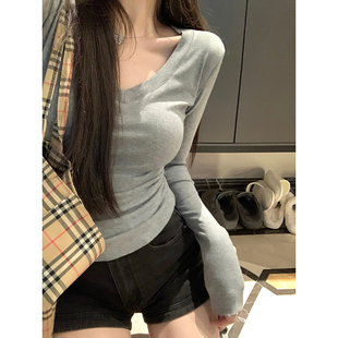 修身 NAYA T恤女早秋新款 不锁边v领长袖 显瘦百搭打底针织上衣 CHAN