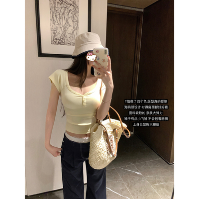 NAYA CHAN新款设计感海鸥领短袖t恤女夏短款百搭打底衫掐腰上衣潮