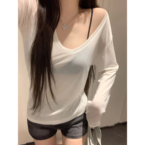 NAYA CHAN 新款纯色亲肤薄款微透辣妹v领T恤防晒罩衫长袖上衣女夏