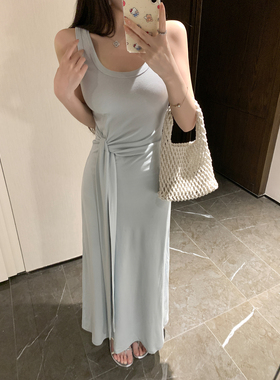 NAYA CHAN 简单大方得体的裙子绑带掐腰蓝色背心连衣裙长裙女夏