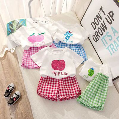 Children's Sets 2-piece Short-sleeved Round Neck Top+plaid S