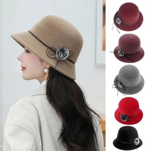 Elegant Women Fedora Hat Vintage Pompom Bowknot Flat Top Fel