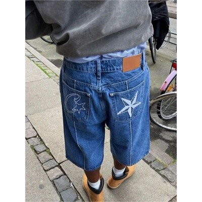 HOUZHOU Vintage Star Embroidered Jorts Y2k Hip-hop Oversized
