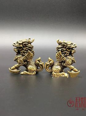 实心纯铜麒麟摆件一对招财