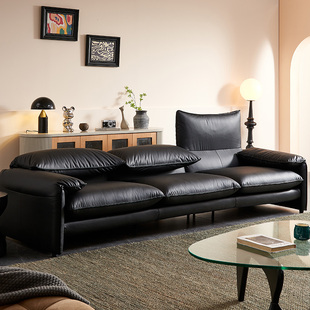 Maralunga马拉伦加中古风头层真皮沙发黑色客厅三人位直排沙发