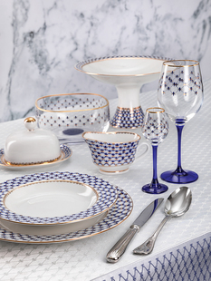 俄皇LOMONOSOV钴蓝网纹系列餐具菜盘鱼盘家用高级感轻奢陶瓷盘子