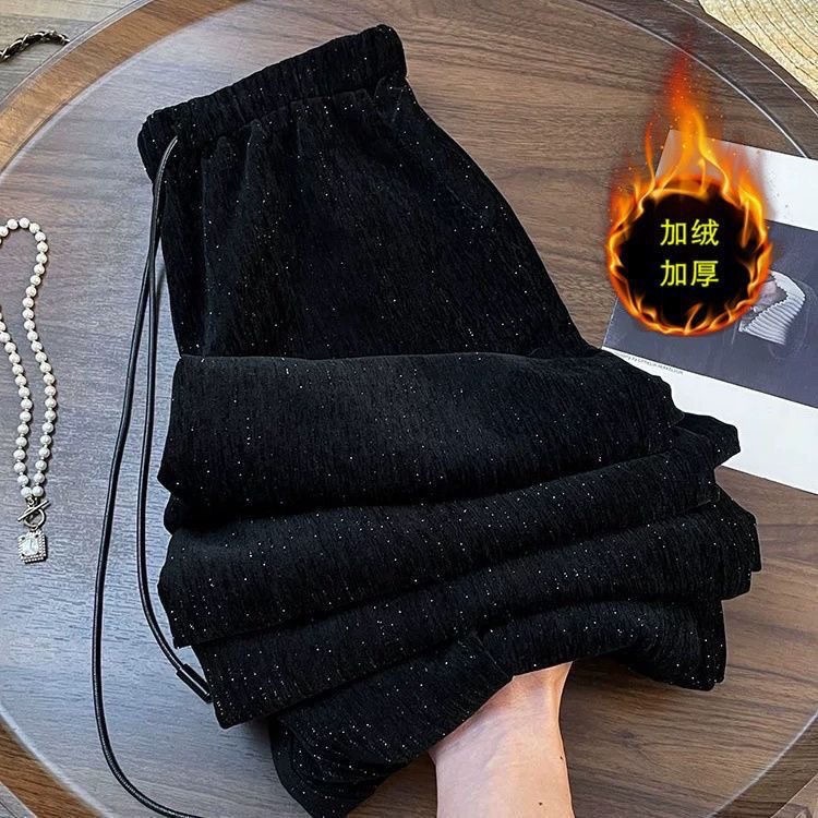 2025秋冬款加绒加厚保暖休闲裤女时尚亮闪闪高腰垂感显瘦直筒长裤