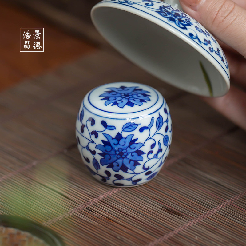 景德镇青花瓷盖置 手工中式茶具配件 缠枝莲青花瓷盖托 实心鼓型