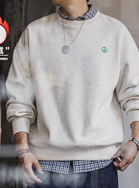 马登工装美式休闲灰色圆领加绒卫衣基础宽松落肩打底上衣男秋冬季